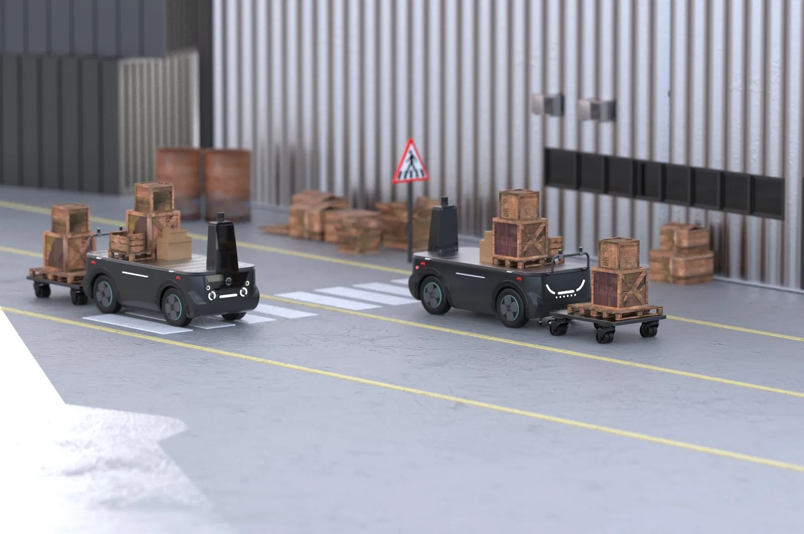 Saha yolunda palet taşıyan sürücüsüz platformlar