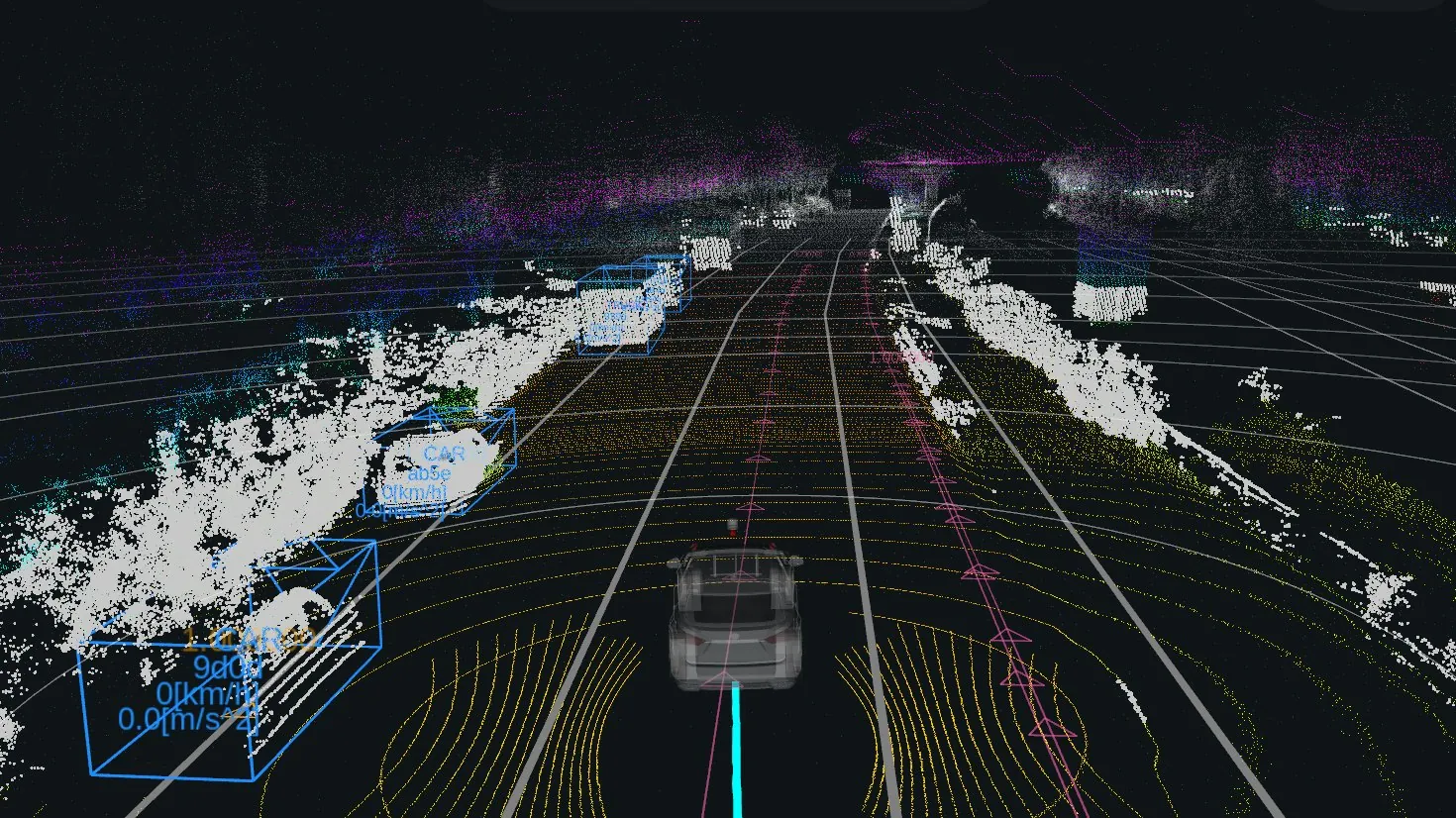 Autoware: lidar nokta bulutunda tespit edilen araçlar ve sınırlayıcı kutuları